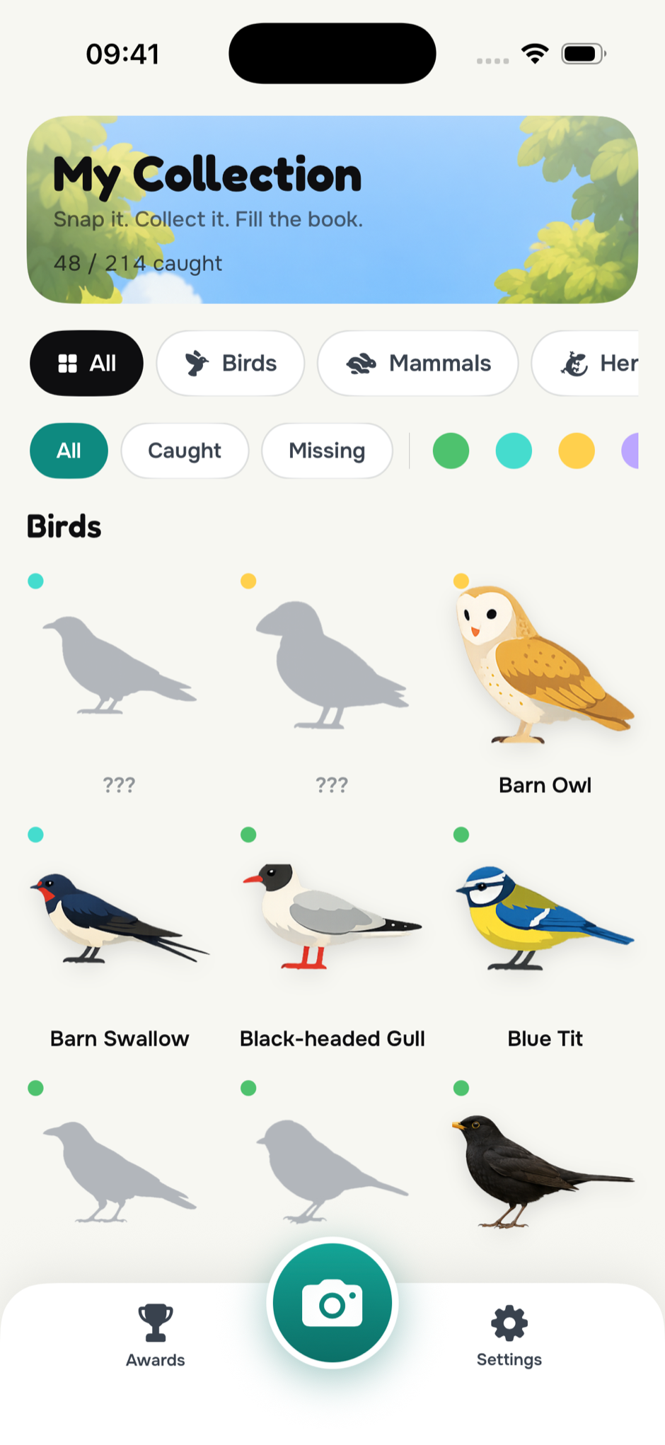 The Critterdex collection board — caught birds like a barn owl and blue tit in full colour next to grey silhouettes still waiting to be found, 48 of 214 caught.